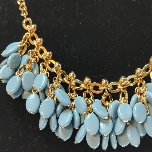 GoldTone Round Chain Teal Blue Teardrop Bib Statement Necklace | Earrings - 18” - Picture 3 of 5